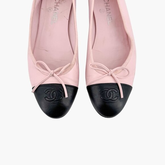 Chanel CC Cap Toe Ballet Flats Size 40 C US 9-9.5 Pink Black Two Tone Logo Bow - Picture 3 of 15